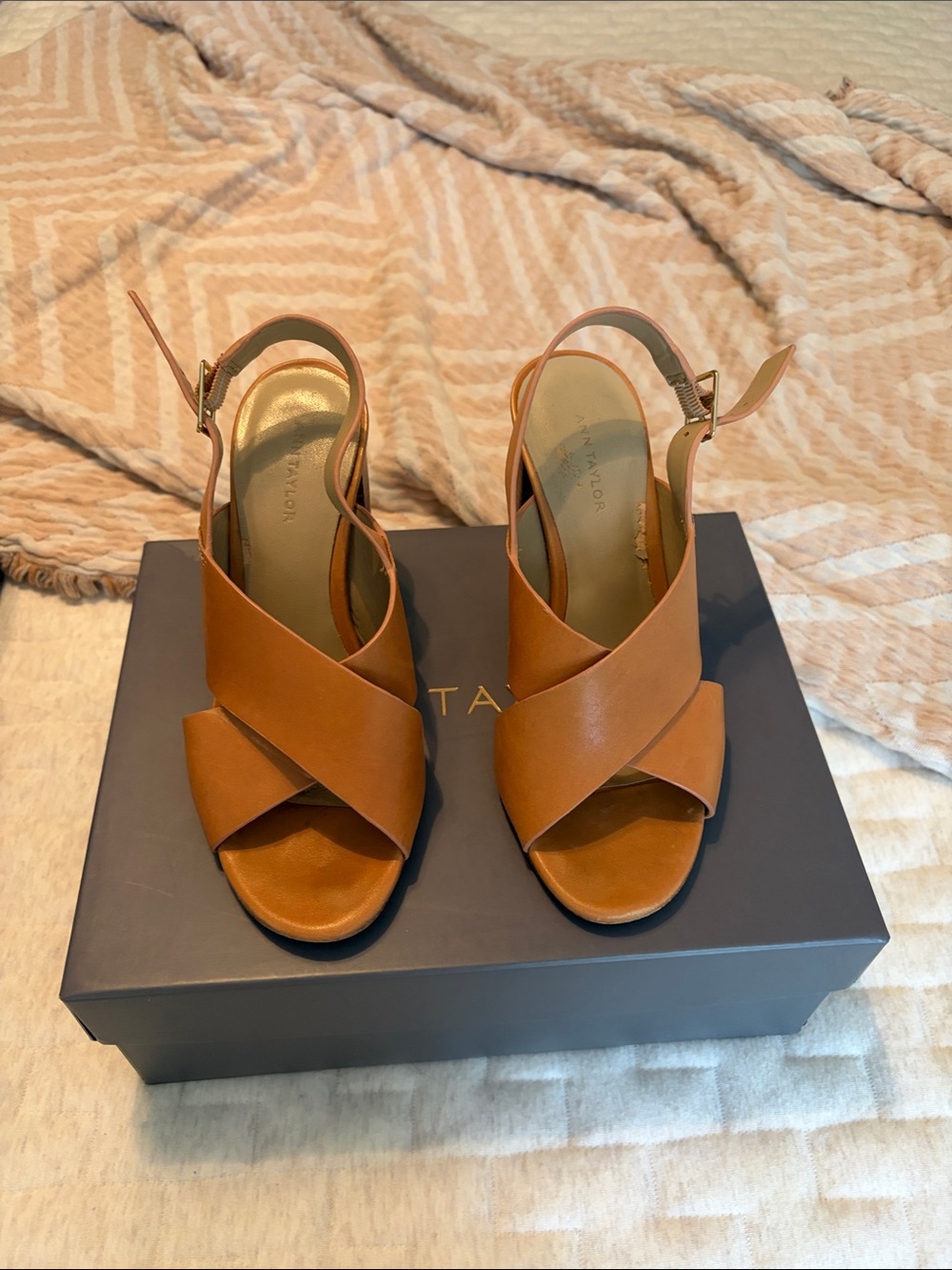 Ann Taylor Cognac Crisscross Leather Slingback Sandals